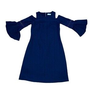 Eliza J Dress Women’s 8 Cold Shoulder Cocktail Dress Navy Blue Applique Crepe